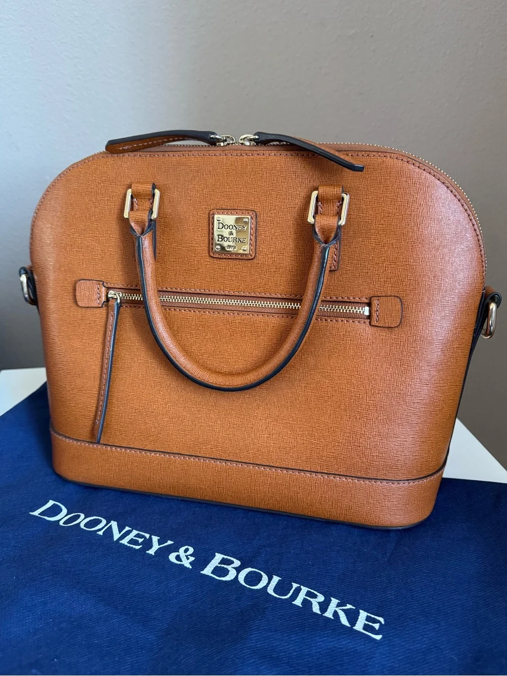 Authentic Dooney & Bourke Saffiano Domed Zip Satchel in Camel